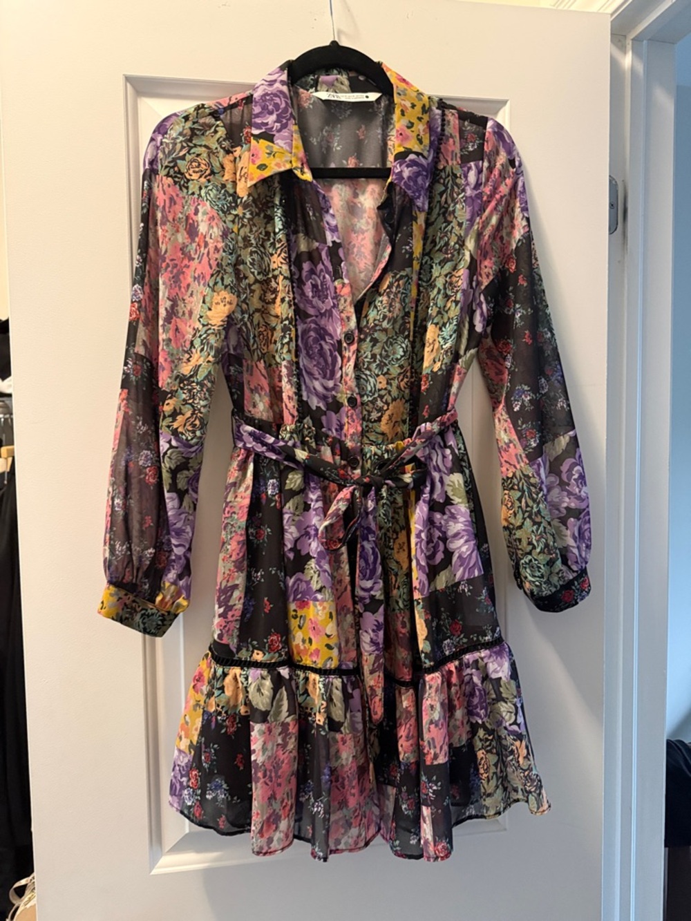 Zara Floral Patchwork Mini Dress in Black, Purple, Yellow and Pink